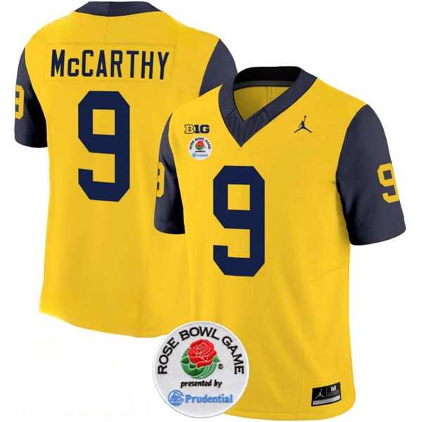 Men's Michigan Wolverines #9 J.J. McCarthy 2023 F.U.S.E. Yellow Navy Rose Bowl Patch Stitched Jersey Dzhi